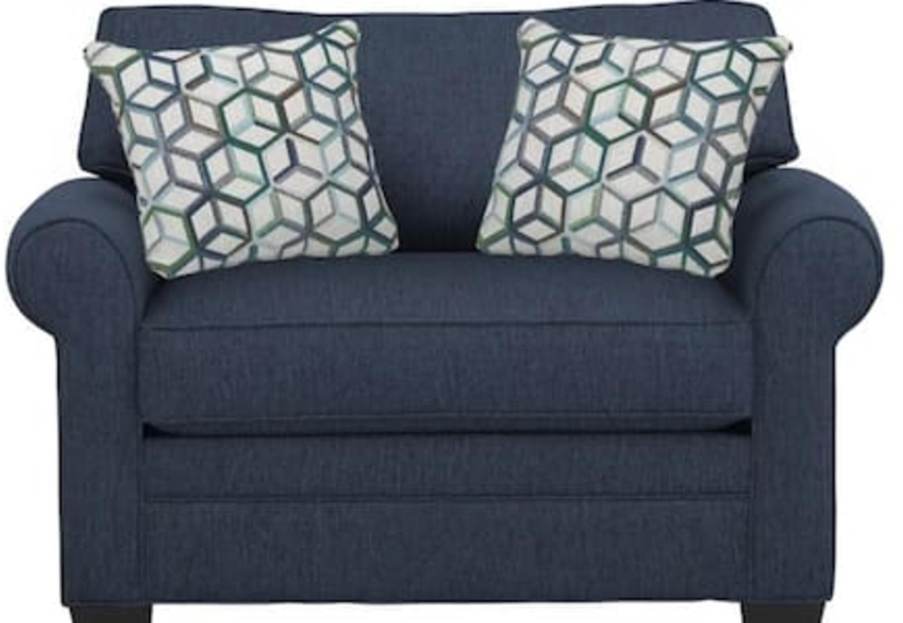 A dark blue sofa with two patterned throw pillows.