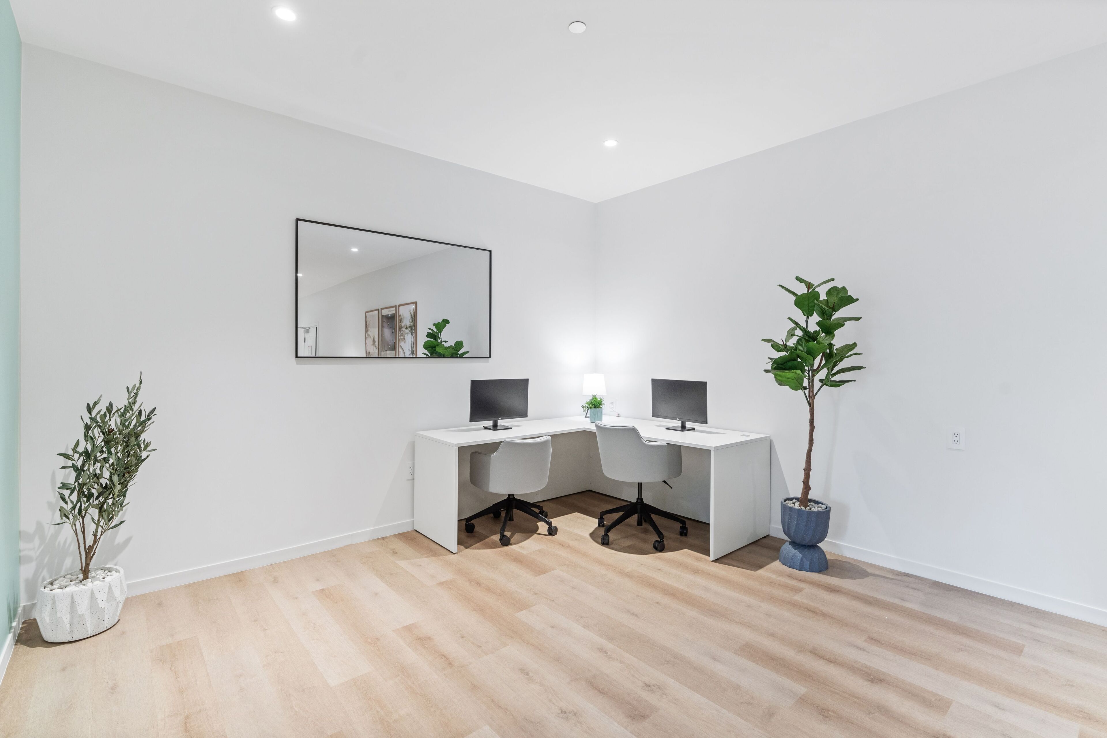 A modern office space with two desks, chairs, a large mirror, and potted plants.