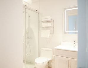 Shower, free toiletries, hair dryer, towels