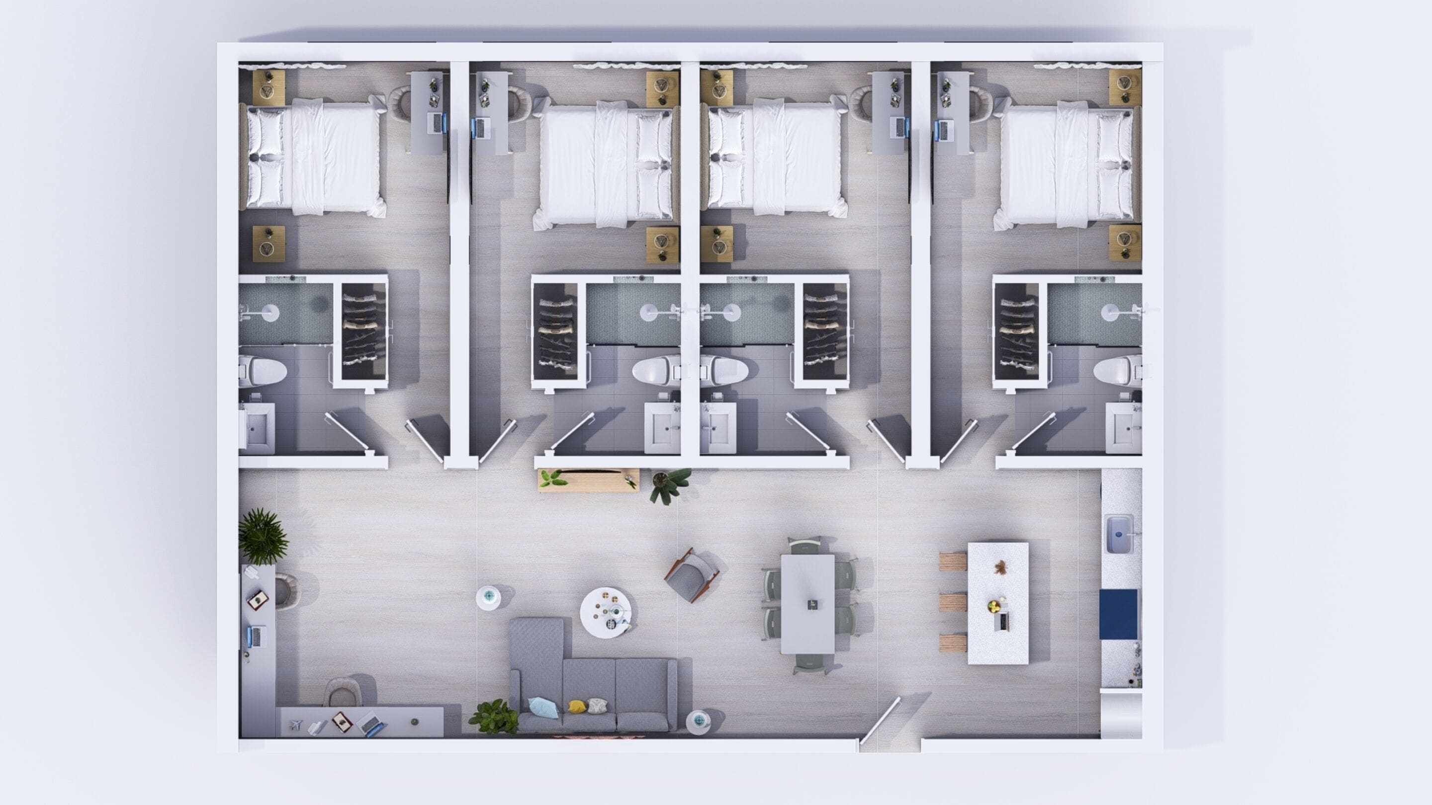 A hotel layout with three bedrooms, two bathrooms, a dining area, and a small sitting area.