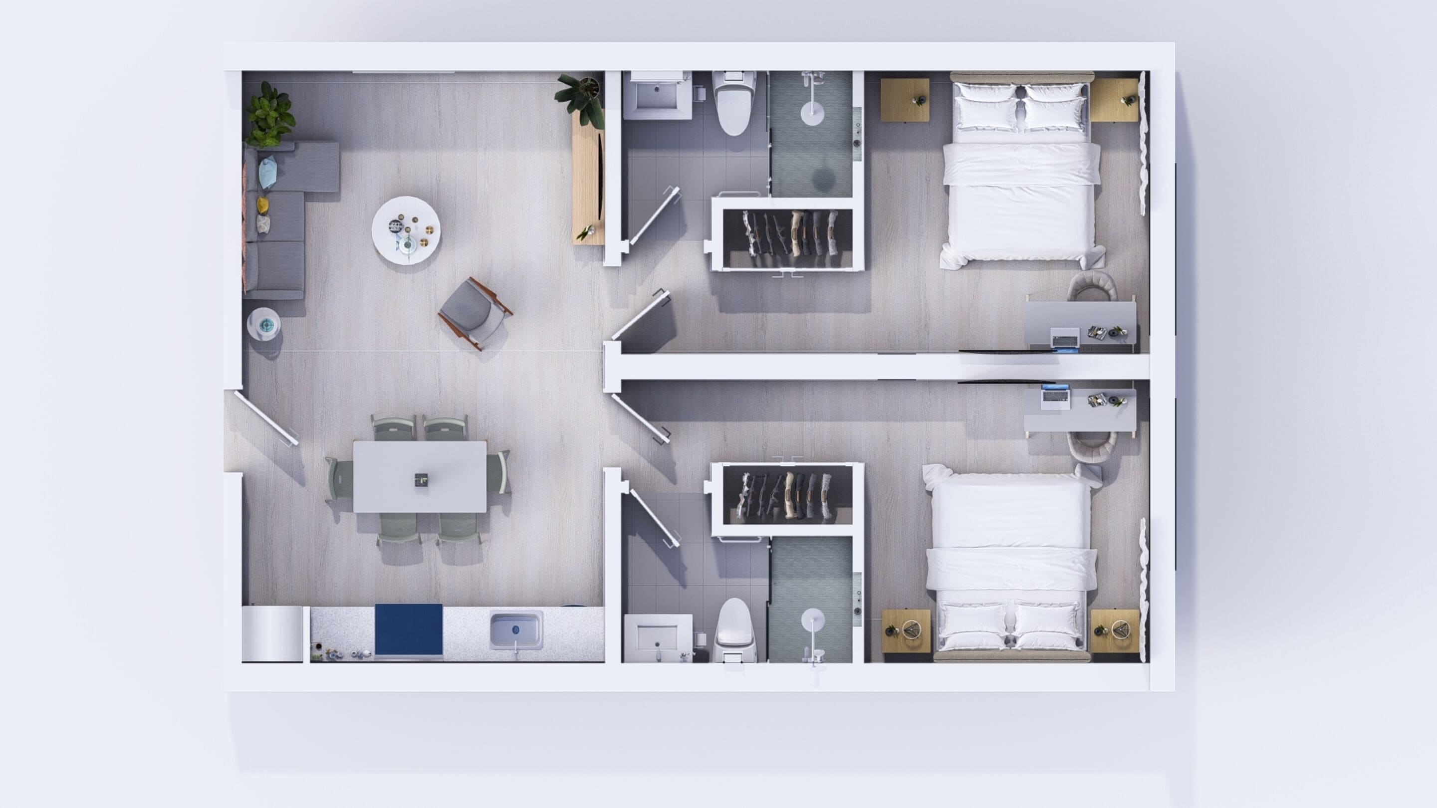 Un apartamento de dos habitaciones con comedor, una pequeña cocina y un baño.