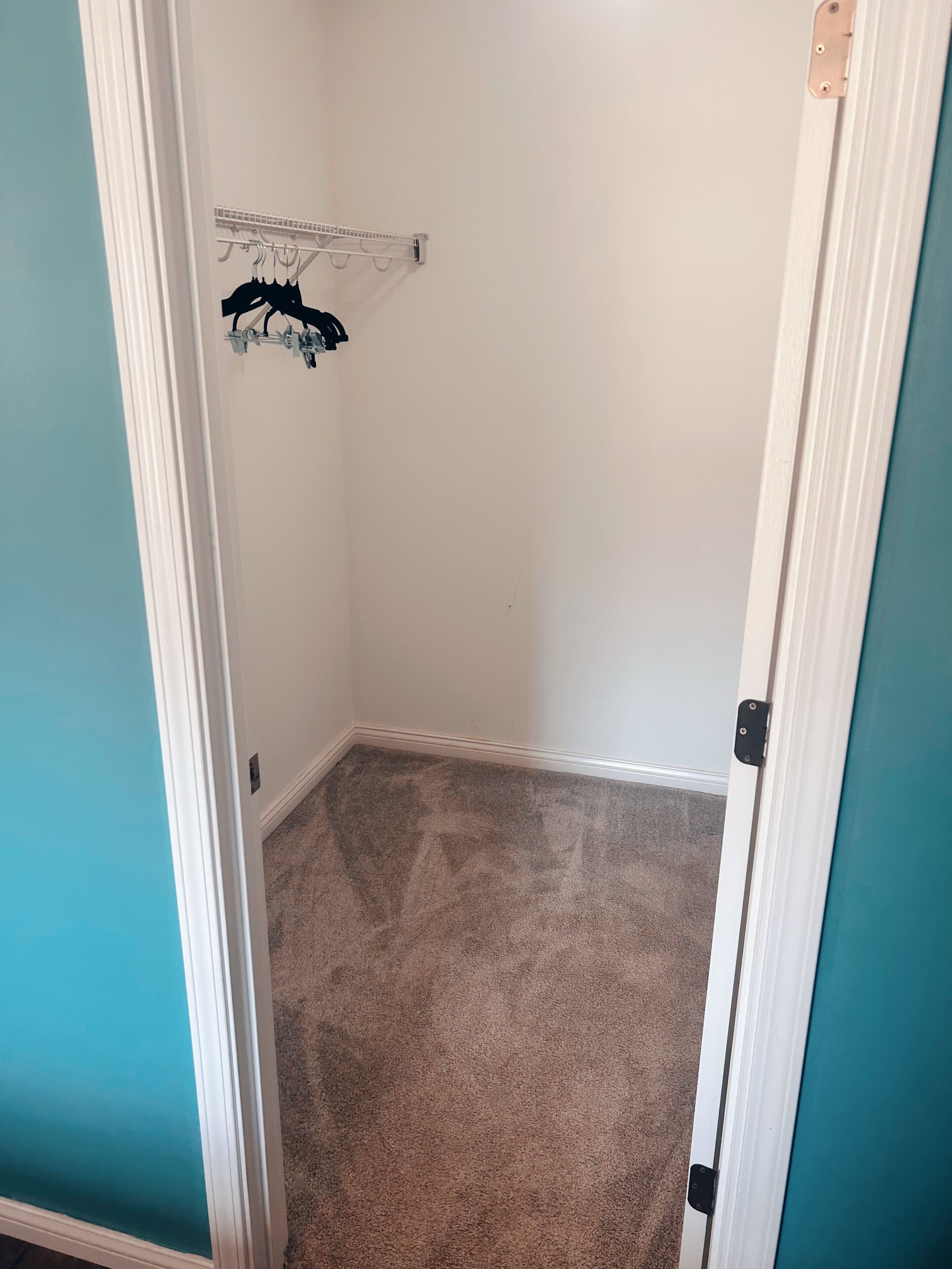 A small, empty walk-in closet with a white door, a beige carpet, and a metal drying rack with clothes.