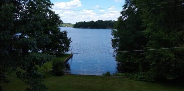 A lake surrounded by dense trees and a grassy area.
