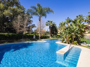 Une piscine d’eau cristalline, entourée d’une végétation luxuriante et de palmiers.