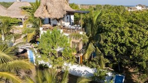 A thatched-roof house surrounded by lush greenery and a clear sky. - Entire villa for 8 people (El Paredon)