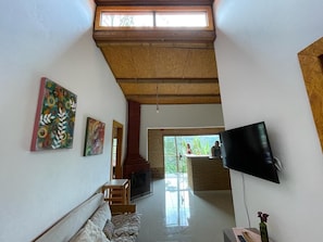 Smart TV, lareira, livros