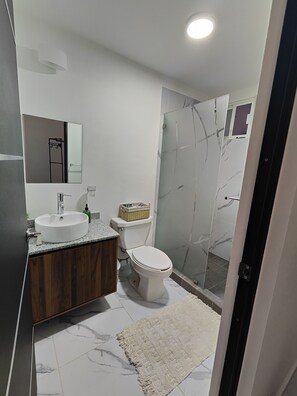 Douche, serviettes fournies, papier toilette