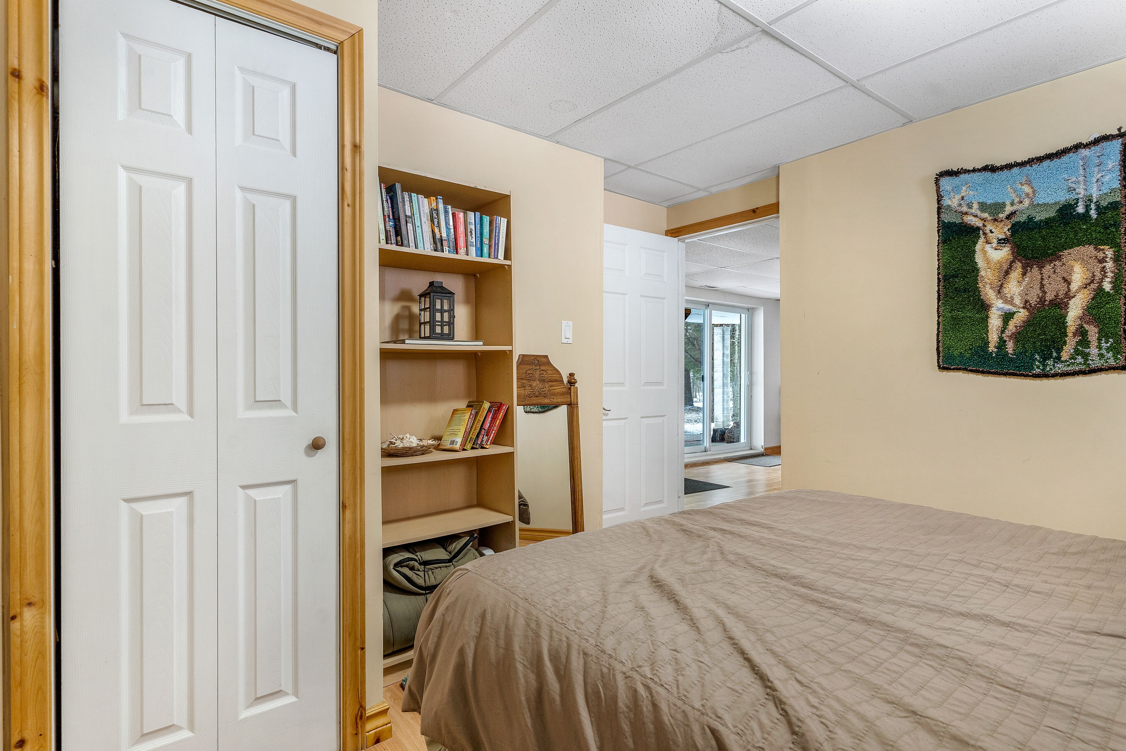 A bedroom with a bed, a bookshelf, a door, and a wall-mounted deer painting.