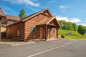 A log cabin with a porch, a covered entrance, and a view of a park.