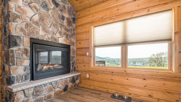 Una chimenea de piedra con puerta de cristal, suelo de madera y una ventana con persianas.