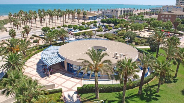 Un edificio circular con techo azul, rodeado de palmeras y una playa al fondo.