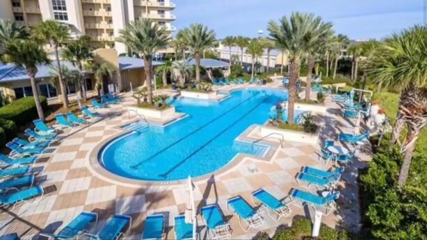 Une grande piscine avec plusieurs couloirs de nage, entourée de palmiers et de chaises longues.