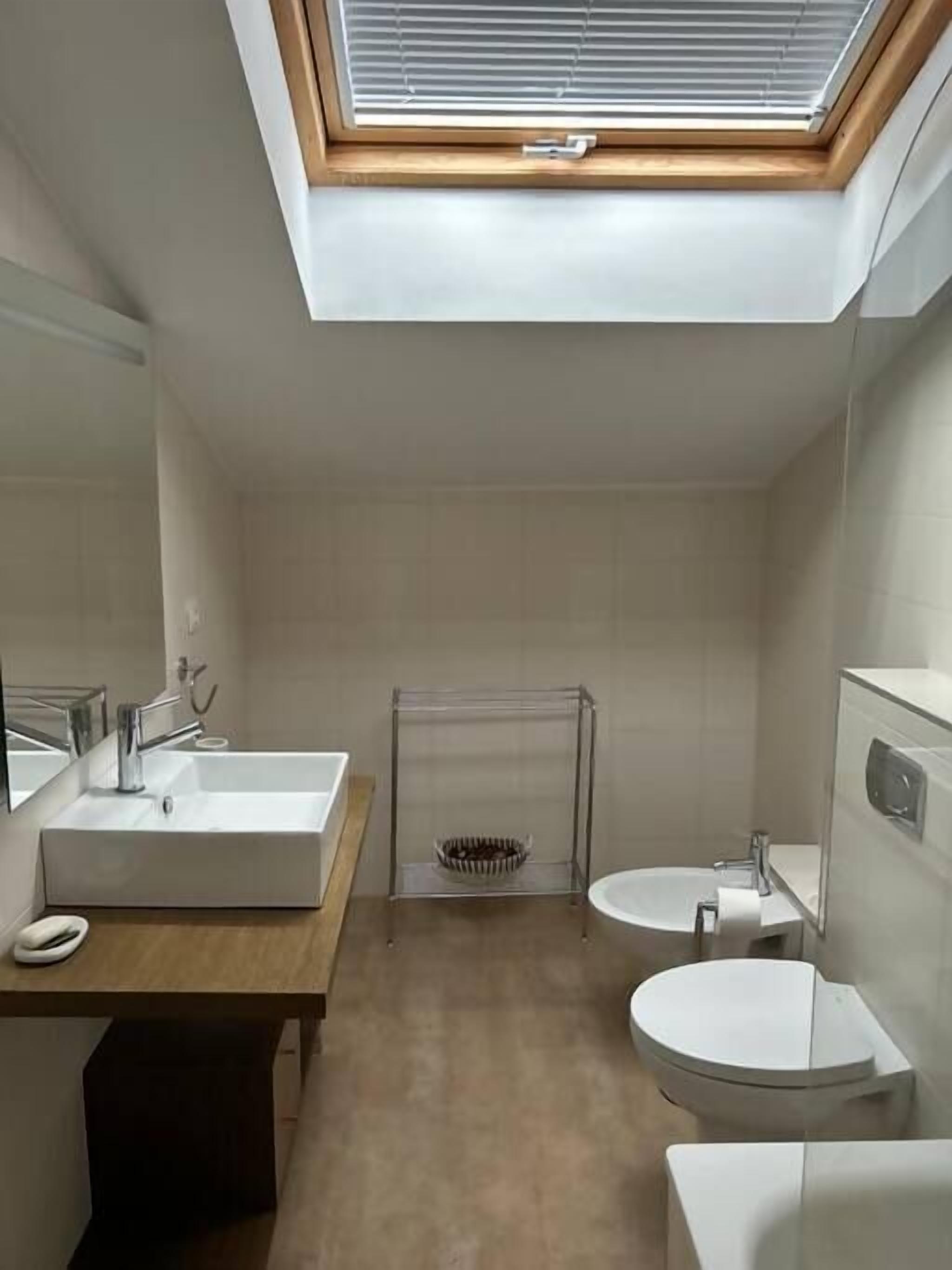 A modern bathroom with a skylight, a large sink, a toilet, and a bidet.