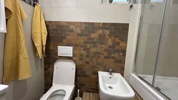 Shower, hair dryer, bidet, towels