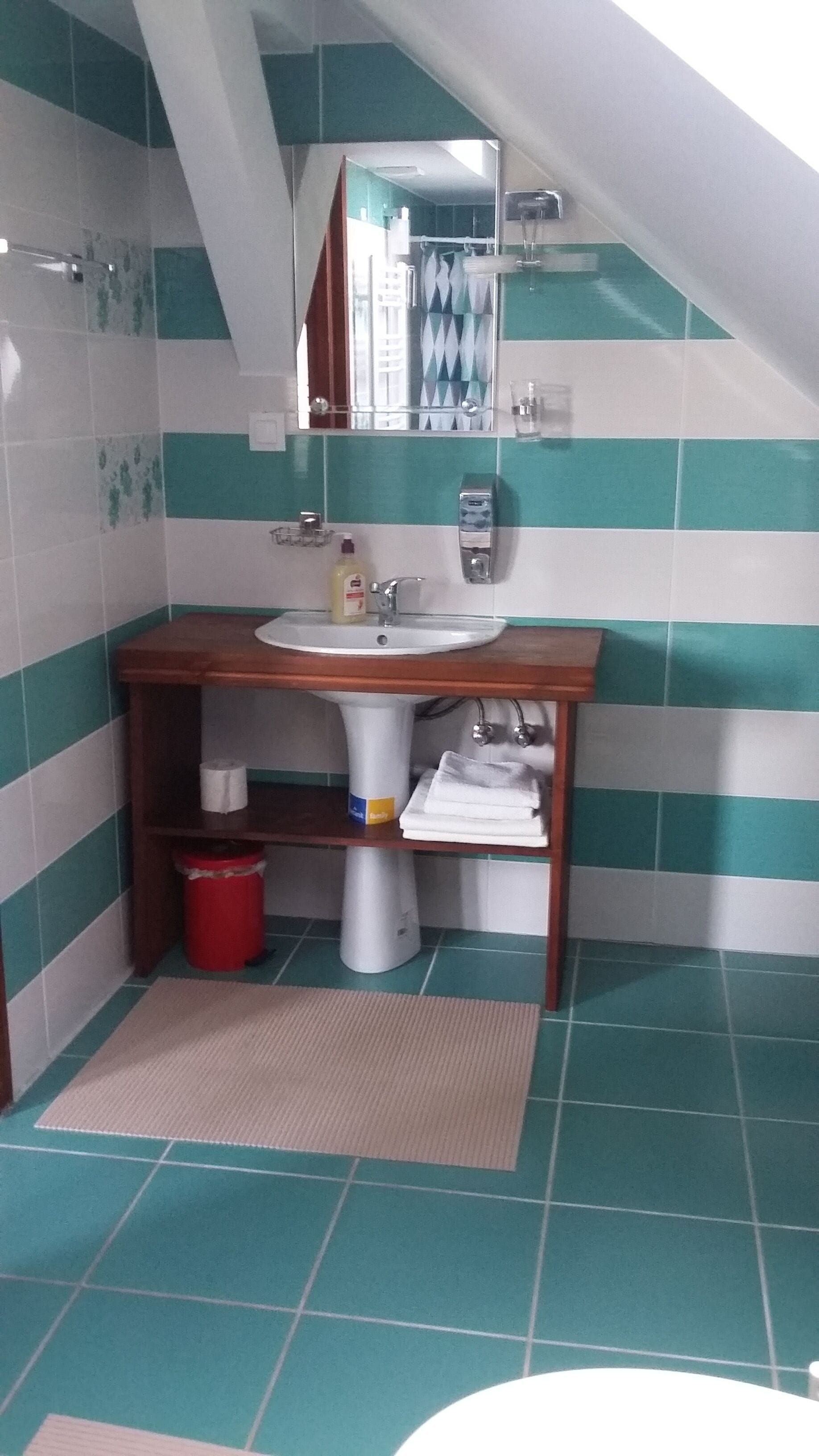 A bathroom with a sink, mirror, and towel rack.