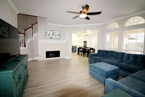 Smart TV, fireplace, video games, foosball