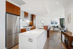 Fridge, microwave, oven, stovetop
