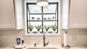 Une cuisine équipée d’un évier à deux bacs, d’une fenêtre agrémentée de plantes en pot et d’un distributeur de savon posé sur le plan de travail.