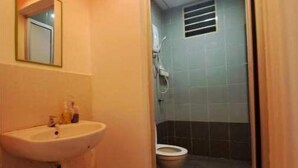 Een kleine badkamer met een wastafel, spiegel en douchehoek.
