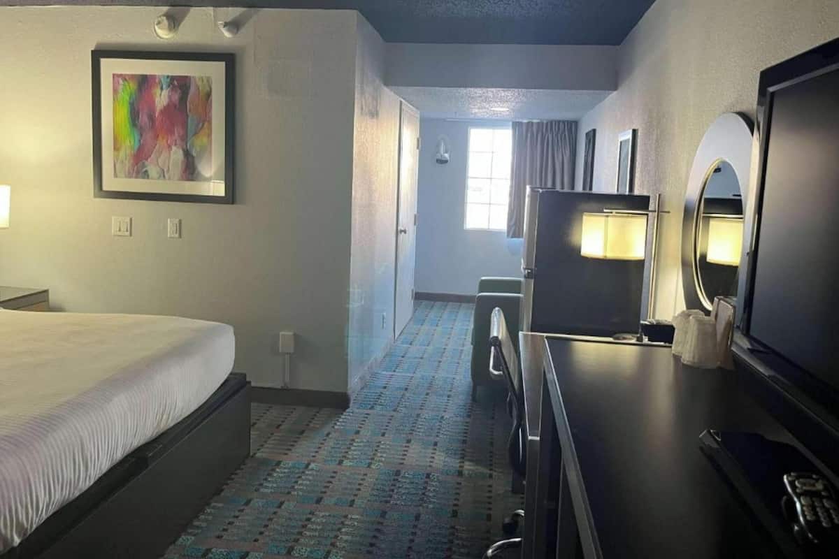 A hotel room with a bed, a desk, a television, and a large mirror.