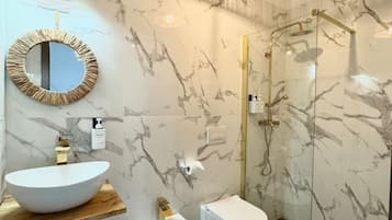 Shower, hair dryer, bidet, towels