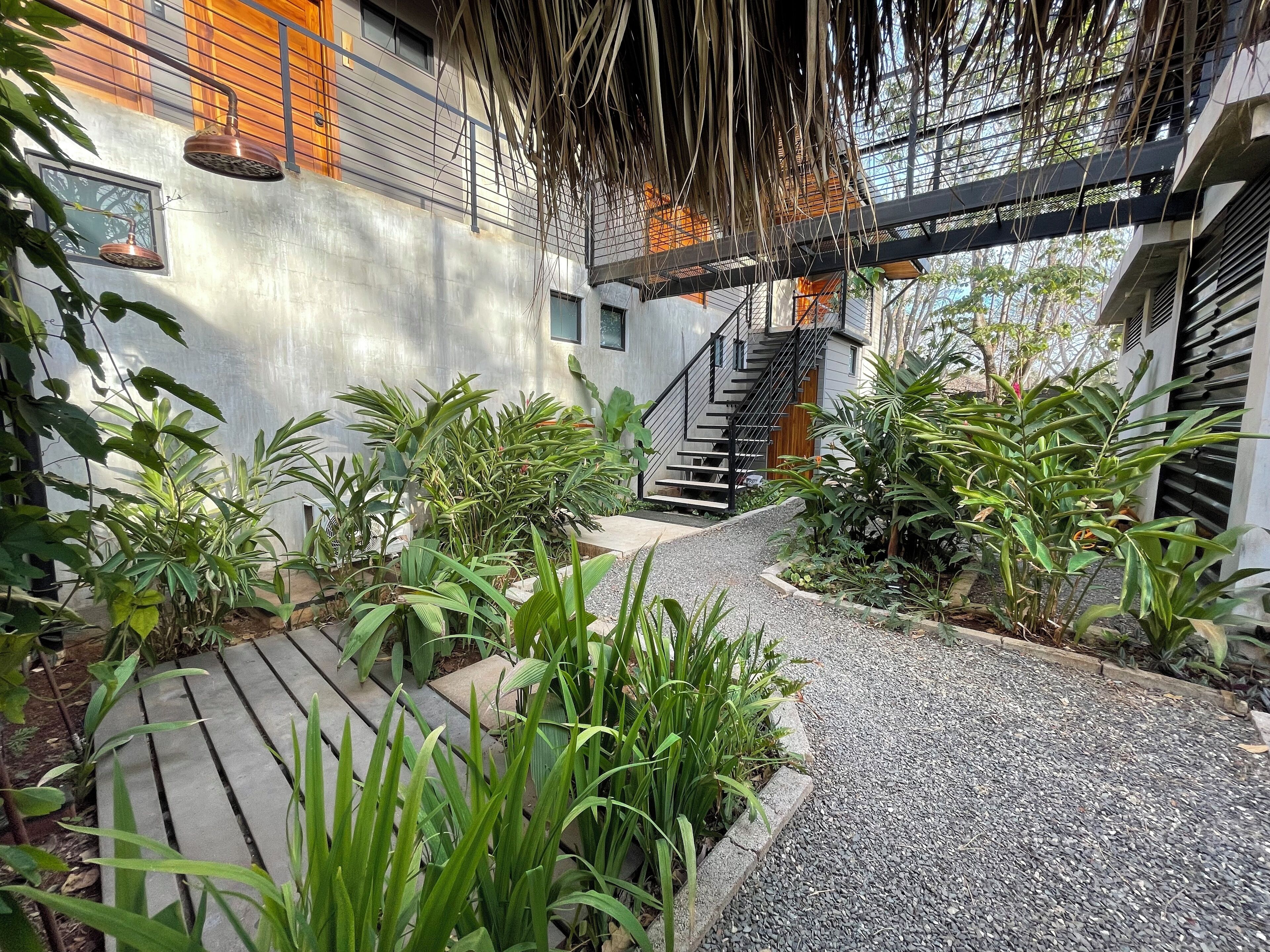 Zona exterior moderna amb un camí de grava, una terrassa de fusta i diversa vegetació.