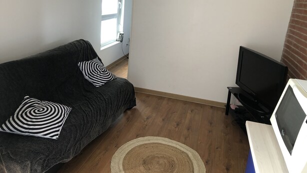 Un salon avec un canapé gris foncé, deux coussins à rayures, un téléviseur posé sur un meuble et un plancher en bois.