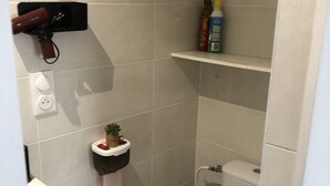 Une petite salle de bain comprenant des toilettes, une étagère avec des articles de toilette, un sèche-cheveux et une petite plante.