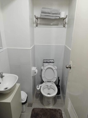 Hair dryer, towels, soap, shampoo