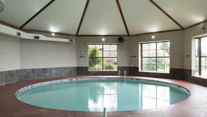 Uma piscina interior ampla com teto abobadado e grandes janelas.