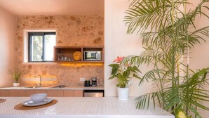 A modern kitchen with a stone wall, a window, and a countertop with a coffee maker and a potted plant. - Kinal 05 - One Bedroom Apartment, Sleeps 2 (Mérida)