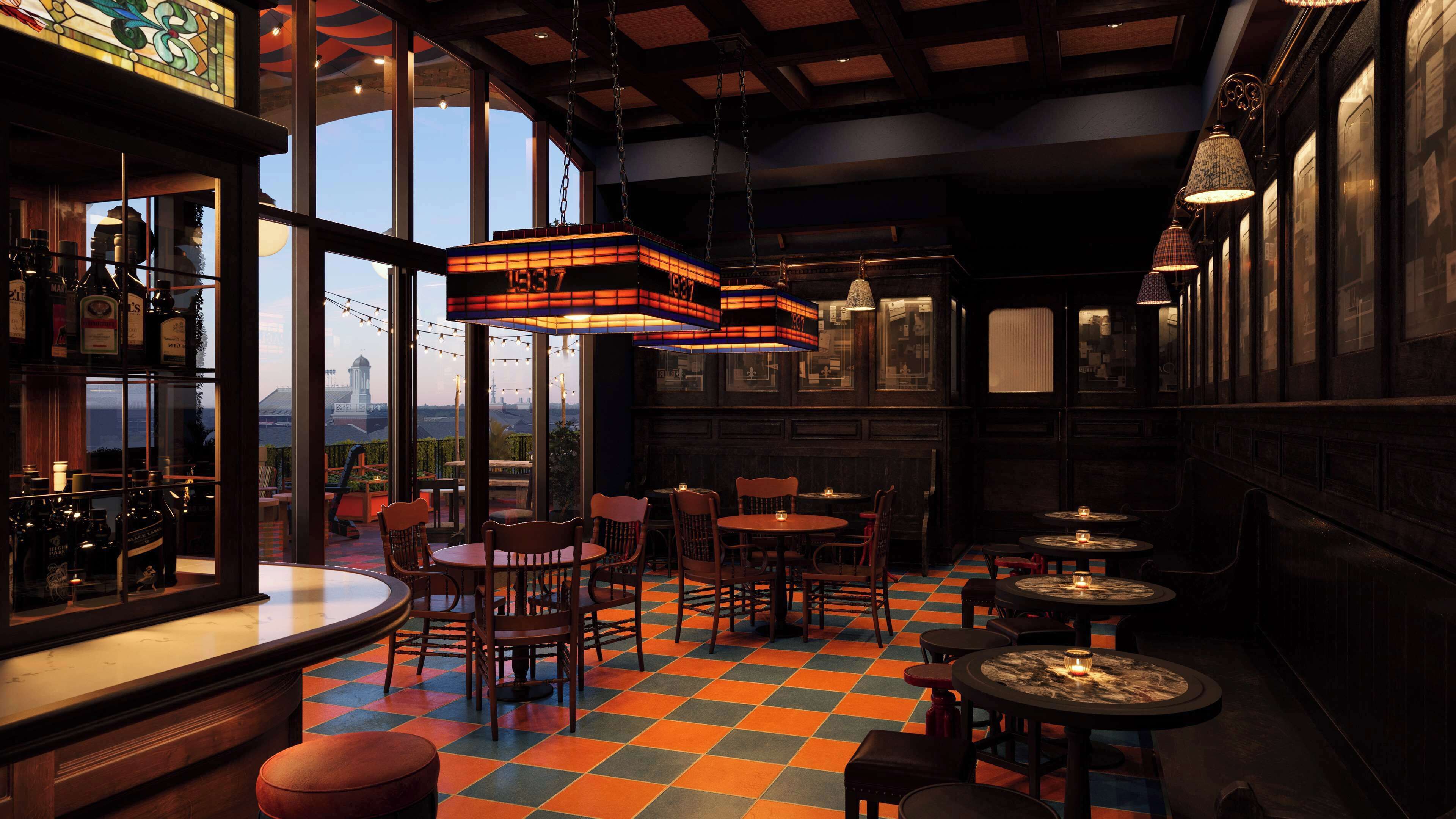 A bar area with a checkered floor, wooden furniture, and hanging lamps.