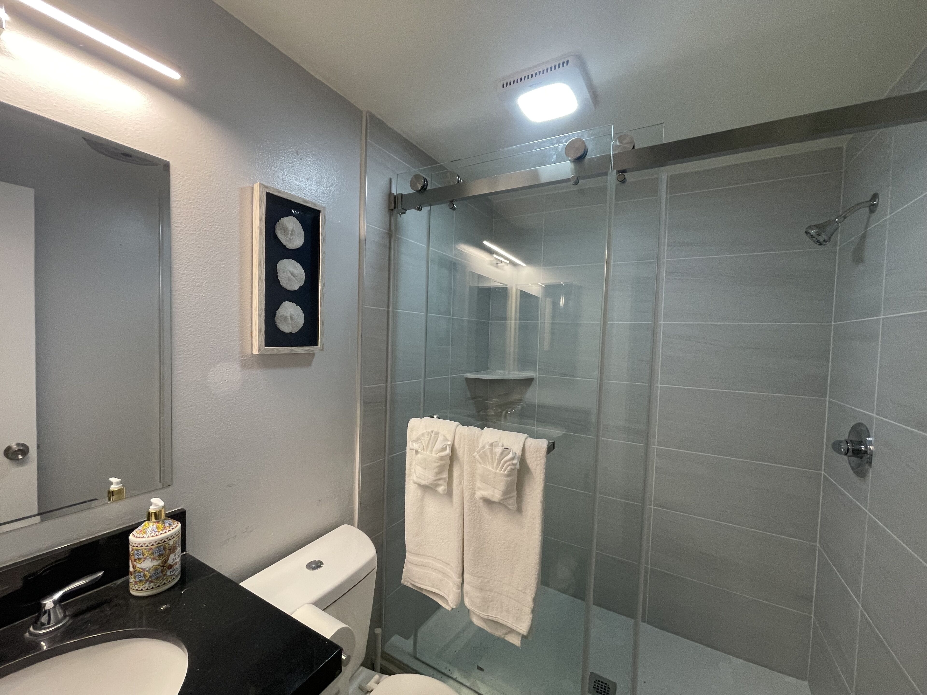 A modern bathroom with a glass-enclosed shower, a black sink, and a white toilet.
