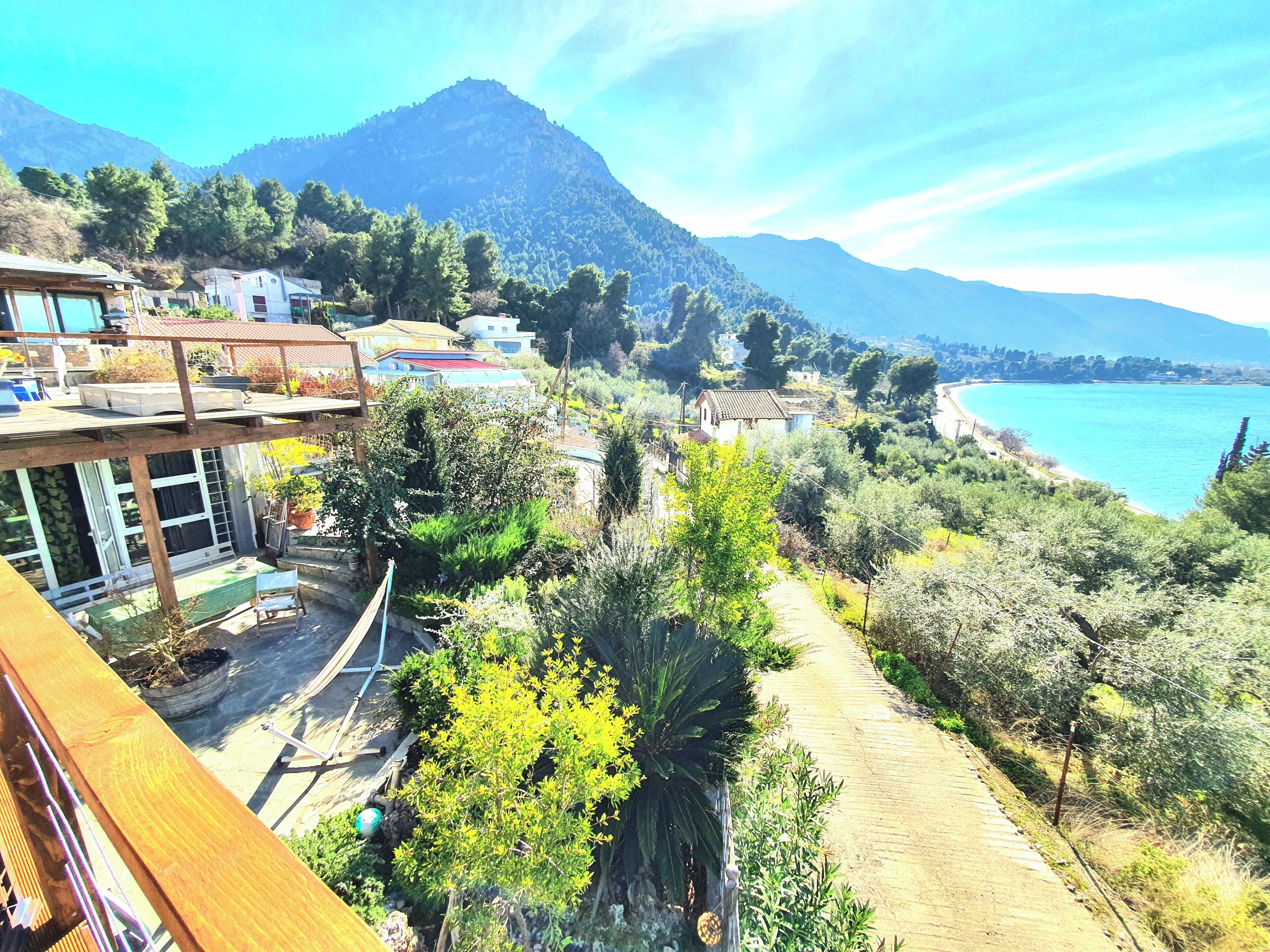 A coastal village with houses, a dirt path, and a mountain in the background.