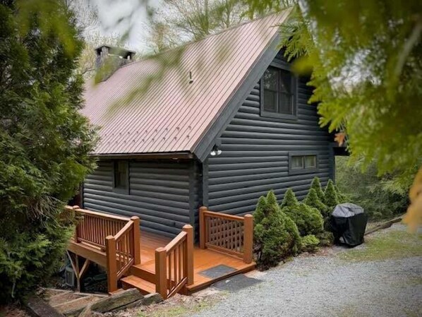 Eine Blockhütte mit einem Metall-Dach, einer Holzveranda und einem Schotterweg.
