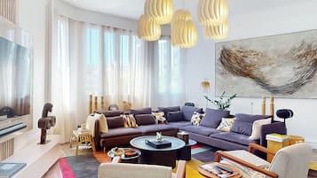 TV connectée, cheminée, lecteur de DVD, livres