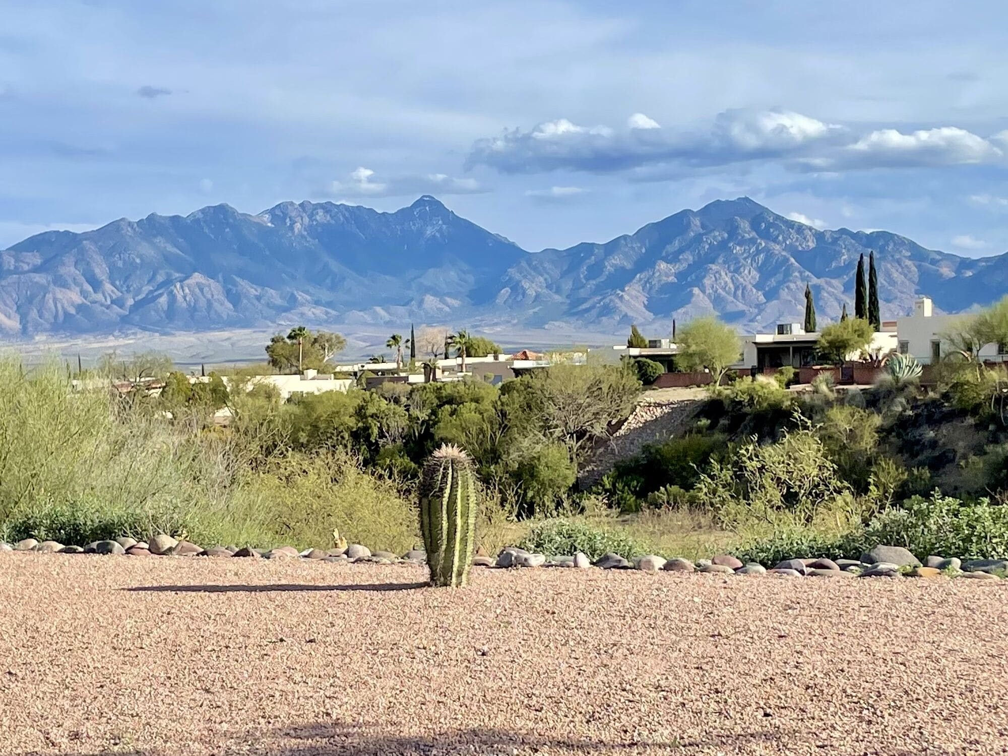 A desert landscape with mountains in the background, sparse vegetation, and a few buildings.