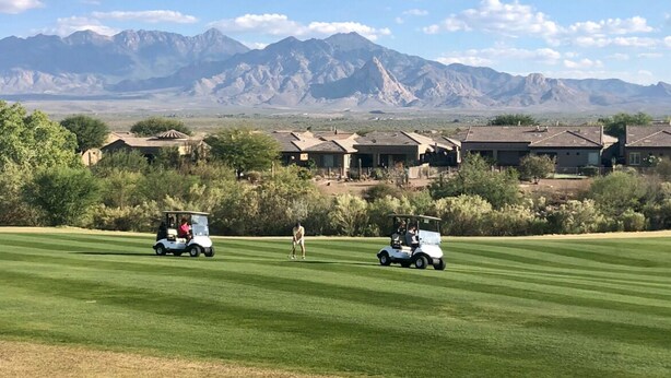 Un campo de golf con casas y montañas al fondo.