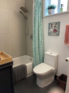 Hair dryer, towels, soap, shampoo