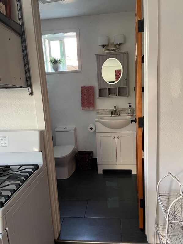 Hair dryer, towels, soap, shampoo