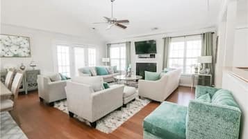 Smart TV, fireplace, DVD player, foosball