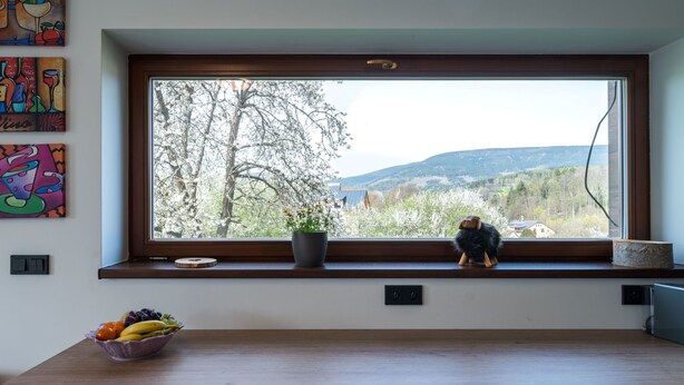 A kitchen with a large window, a bowl of fruit on the counter, and a potted plant on the windowsill. - Apartment Happy by Interhome (Cerny Dul/Cista)