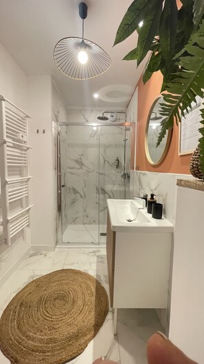 Eco-friendly toiletries, hair dryer, towels, soap