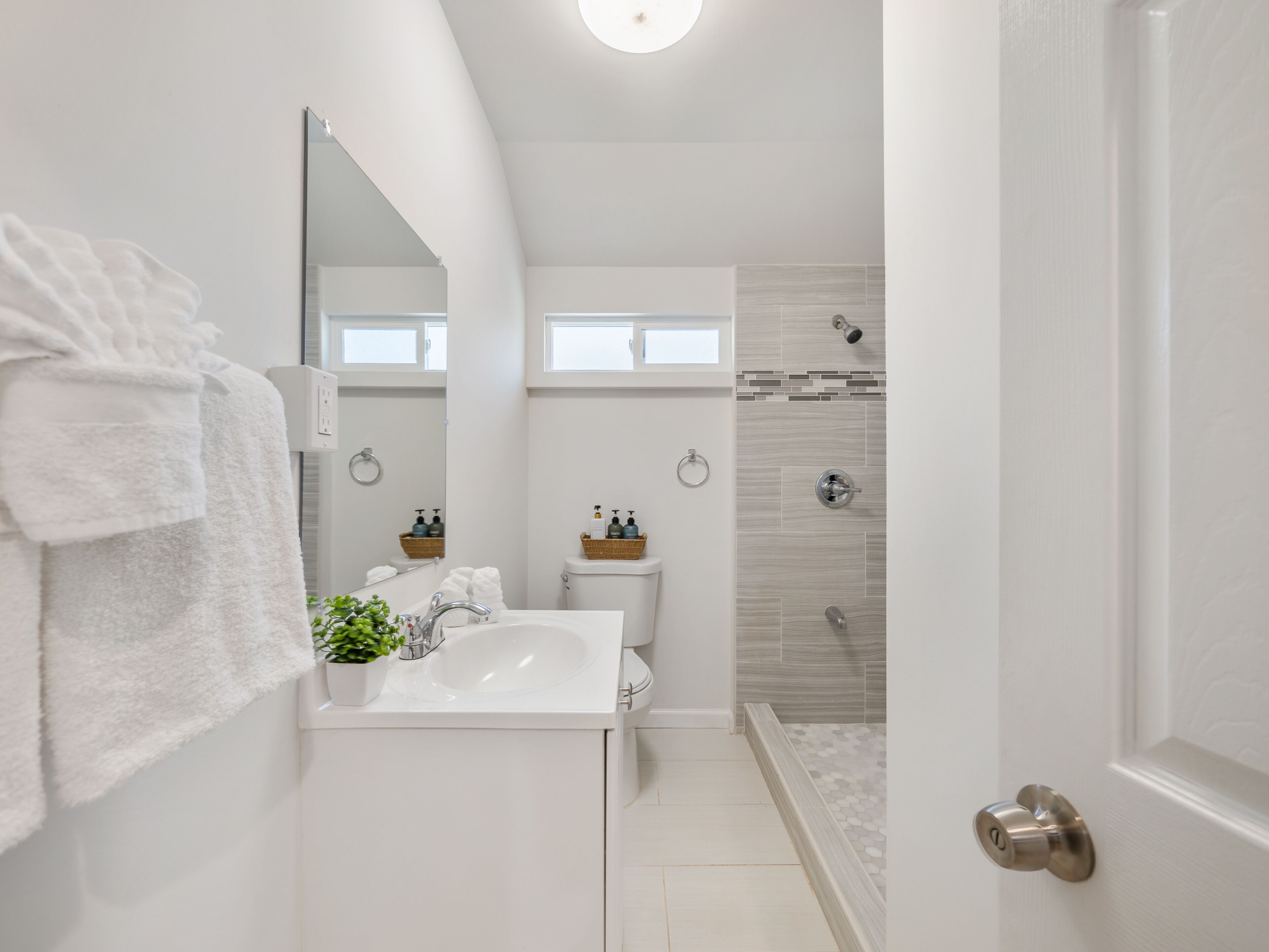 Hair dryer, towels, soap, shampoo