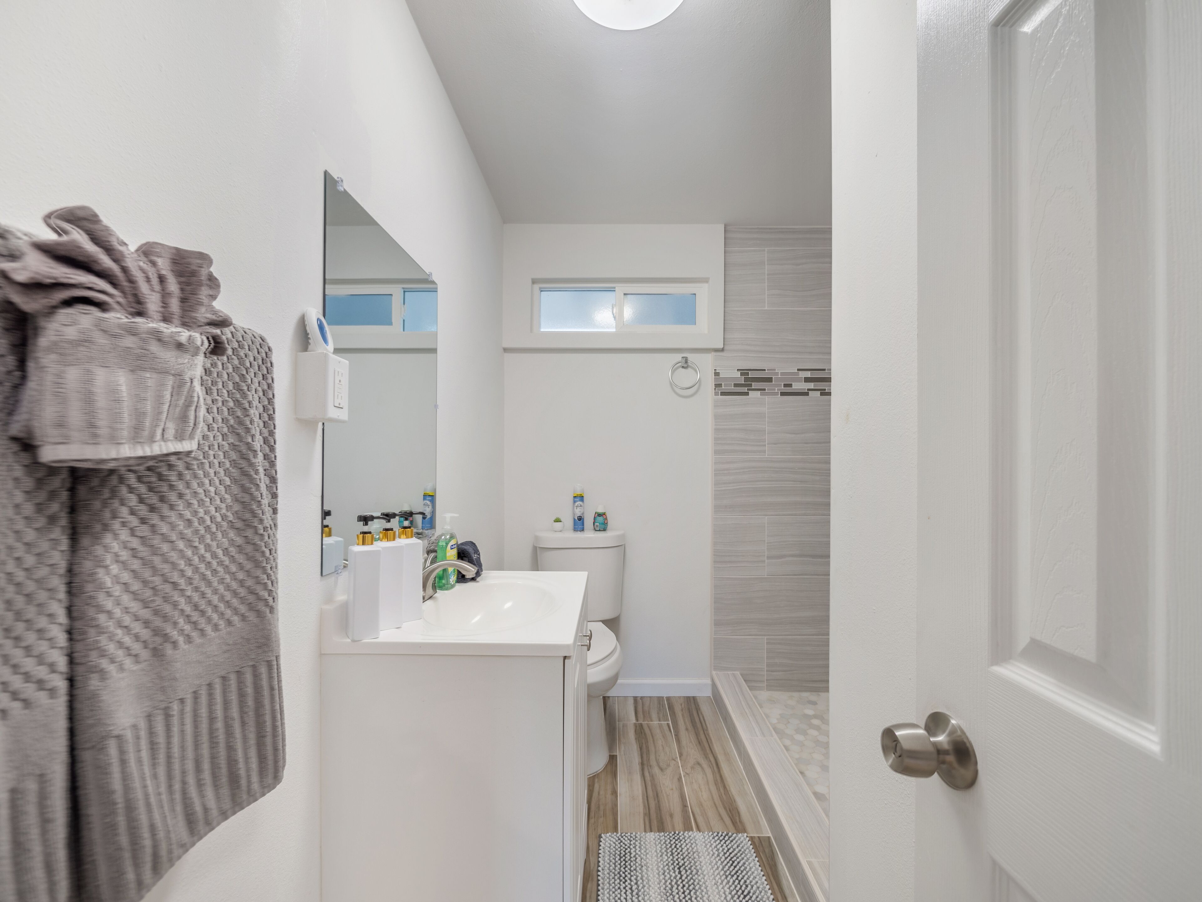 Hair dryer, towels, soap, shampoo