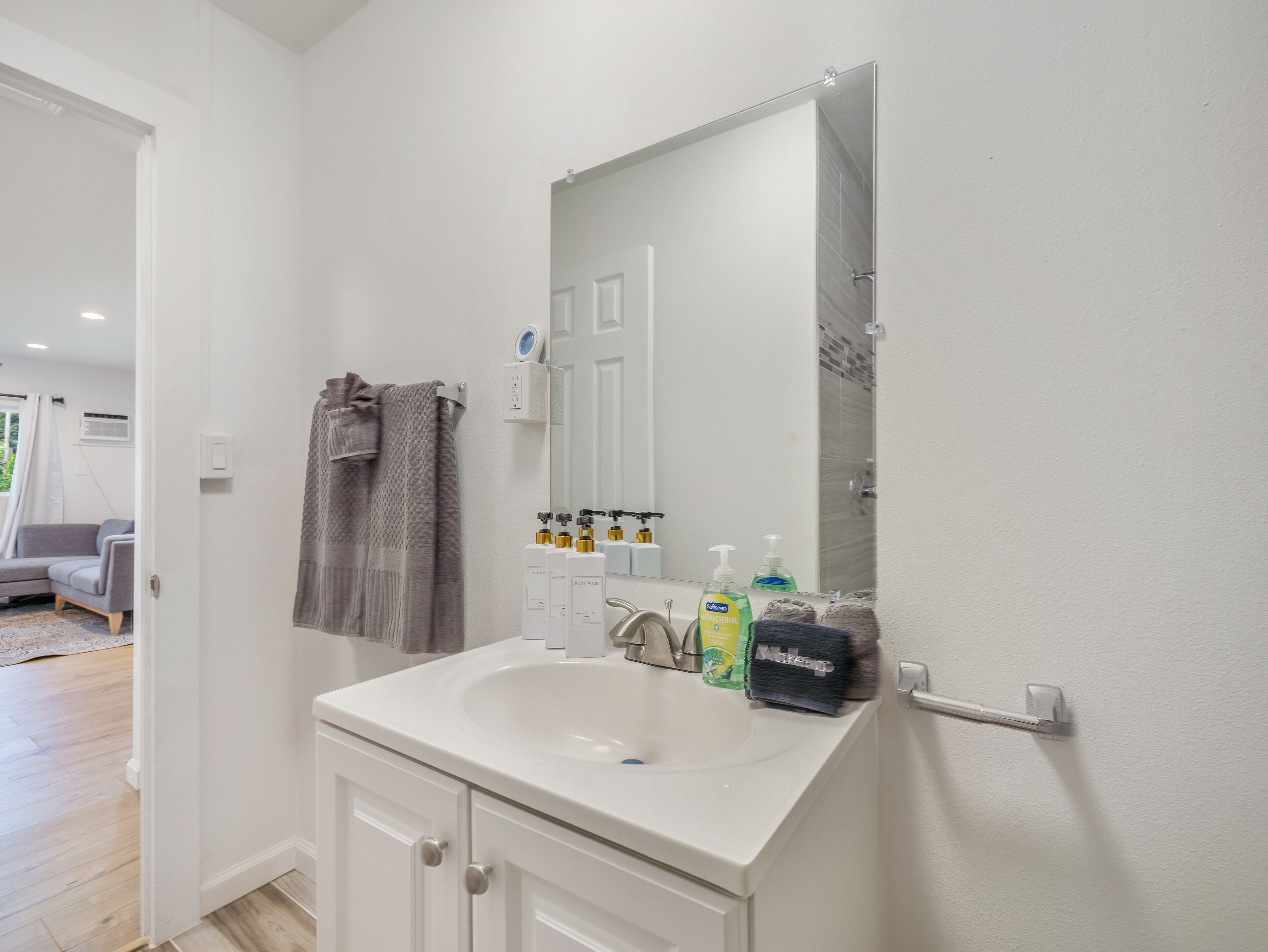 Hair dryer, towels, soap, shampoo