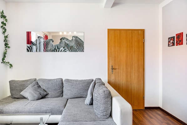 A living room with a grey sofa, a wooden door, and a mirror with a zebra artwork.