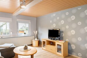 A modern living room with a television, wooden furniture, a radiator, and a window with a view.