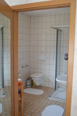 Un baño con inodoro, lavabo, ducha y espejo.