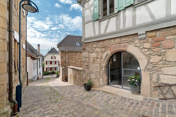 Une ruelle étroite pavée de pierres, bordée de bâtiments en pierre, avec une poubelle noire et un pot de fleurs.